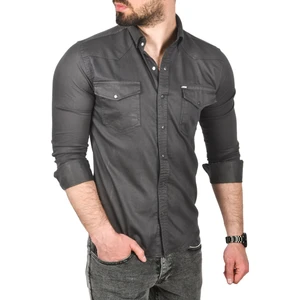 Erkek Füme Slim Fit Pamuklu Cepli Kot Gömlek Çıtçıtlı Uzun Kollu Spor Gömlek 2502503