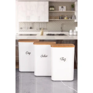Mafa Home 3'lü Ahşap Vakum Kapaklı Beyaz Akrilik Çay Şeker Tuz Erzak Saklama Kutusu 3 Lt Etiketli