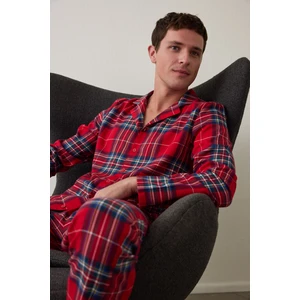 Kırmızı Erkek Ekose Desenli Uzun Kollu Gömlek Pijama Takımı
