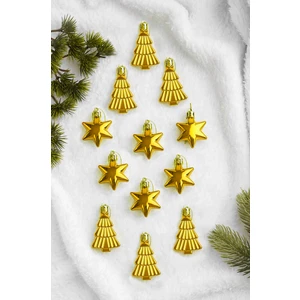 12LI Yıldız ve Ağaç Figürlü Yılbaşı Süsü Altın