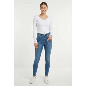 Kadın V Yaka Uzun Kollu Regular Fit Basic Tişört Beyaz