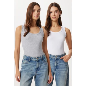 Happiness İstanbul 2'li Fitilli Kalın Askılı Örme Atlet LHJ0002 Gri Melanj Beyaz