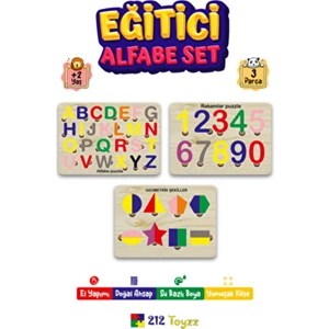 212 Toyzz Ahşap Puzzle Alfabe Set 3'ü 1 Arada Eğitici Geometri Sayılar 0-50 Parça 3+ Yaş