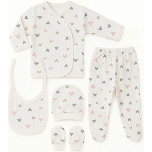 Hece Bebe %100 Pamuklu 5 Parça Hastane Çıkışı Seti – Bebek Zıbın Takımı, Şapka, Önlük, Eldiven