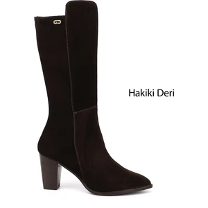 Kadın Kahve  Sivri Burun Kalın Topuklu Hakiki Deri Çizme