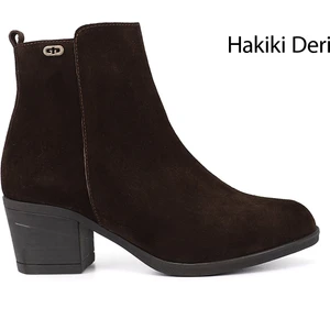 Kadın Kahve  Fermuarlı Kalın Topuklu Hakiki Deri Bot