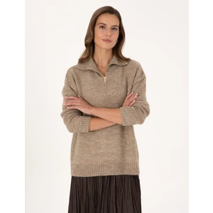 Pierre Cardin Kadın Vizon Comfort Fit Fermuarlı Dik Yaka Kazak 50316329-VR052