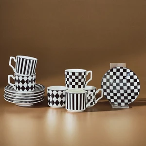 Geometrik 6 Kişilik Kahve Fincan Takımı 90 ml Siyah Beyaz