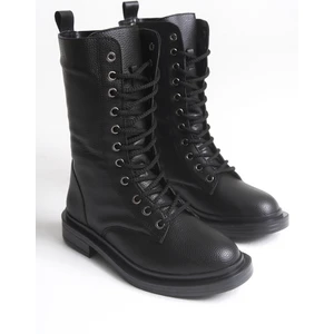 Siyah Deri Kadın Bot Postal Yanna Bağcıklı Içten Fermuarlı Kalın Tabanlı Su Geçirmez