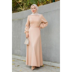 Tesettür Çarşım Luvi Pufy Dalgıç Balon Kollu Elbise-Bej