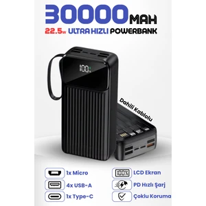 30.000 Mah 22.5W Hızlı Şarj Destekli Dahili Kablolu Taşınabilir  Batarya Powerbank