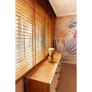 Meşe Renk Gerçek Ahşap Jaluzi 50MM Zincirli Redüktörlü Kurdelalı AJS1006