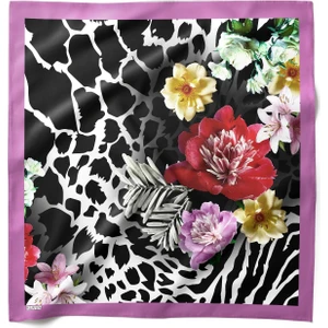 Zebra & Çiçek Desenli Saten Fular