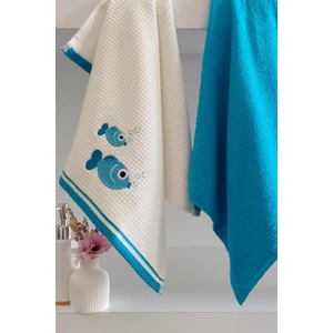 2’li Nakışlı Mutfak Havlusu - %100 Pamuk Balık Desenli - 40X60 cm - Mavi