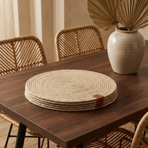 6 Adet Hasır Bej Yuvarlak Jüt Görünümlü Amerikan Servis - Lux Örgü Supla Seti (32CM)