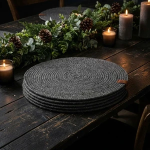 Pega Works 6 Adet Hasır Antrasit Yuvarlak Jüt Görünümlü Amerikan Servis - Lux Örgü Supla Seti (32CM)