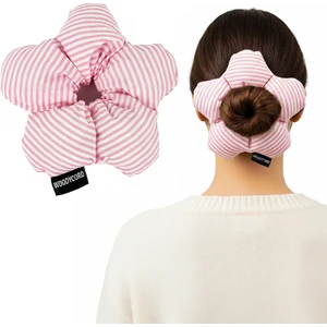 El Yapımı Çiçek Model Pofuduk Scrunchie Toka - Pembe Beyaz Çizgili