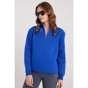 Kadın Relax Fit Rahat Kesim Pamuklu Içi Polarlı Yarım Fermuarlı Sax Mavi Dik Yaka Sweatshirt