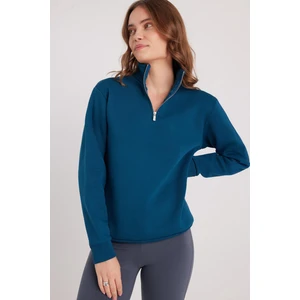 Kadın Relax Fit Rahat Kesim Pamuklu Içi Polarlı Yarım Fermuarlı Indigo Dik Yaka Sweatshirt