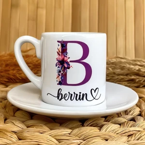 Loren Gift Mor Çiçekli Harf Temalı Kişiye Özel İsimli Türk Kahvesi Fincanı – Porselen 90 ml