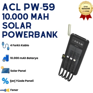 10.000mAh Dijital Göstergeli Taşınabilir 22.5W Hızlı Şarjlı Dahili Kablolu Solar Panelli Powerbank Kamp Uyumlu Asma Aparatlı Powerbank