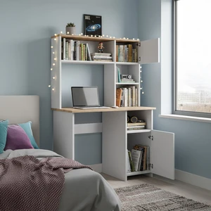 Eco Room Porto 2 Kapaklı ve Raflı Çalışma Masası - Beyaz / Atlantik Çam - 150X50X110 cm