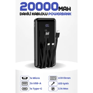 20.000 Mah Plus Dijital Göstergeli Dahili Çoklu Kablolu Powerbank Taşınabilir Şarj Cihazı