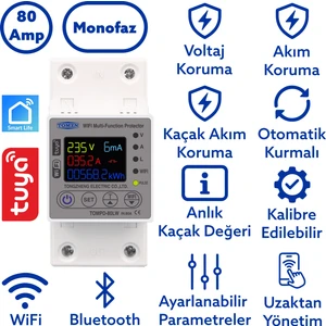 Akıllı Kaçak Akım Rölesi ve Voltaj Akım Koruyucu Röle Gerilim 80A Monofaz (10mA-99mA)