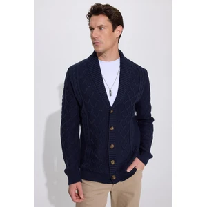 Slim Fit Dar Kesim Desenli Yumuşak Dokulu Düğmeli Lacivert Erkek Hırka