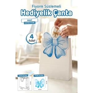 T Tuğset Etiket Burgu Saplı Karton Kurdeleli Çanta 4 Adet Hediye Paketi Çanta Poşet (Mavi)Doğum Günü, Düğün, Bebek PARTISI-T1542