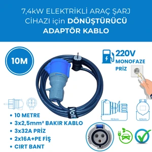 7,4kW Elektrikli Araç Şarj Cihazı için 10 Metre Monofaze Fişli Dönüştürücü Adaptör
