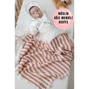 Çizgili Müslin Kiremit 4katlı Müslin Bebek Battaniye 110X110CM