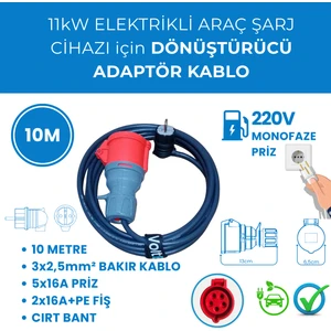 11kW Elektrikli Araç Şarj Cihazı için 10 Metre Monofaze Fişli Dönüştürücü Adaptör