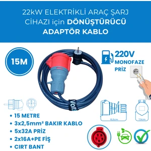 22kW Elektrikli Araç Şarj Cihazı için 15 Metre Monofaze Fişli Dönüştürücü Adaptör