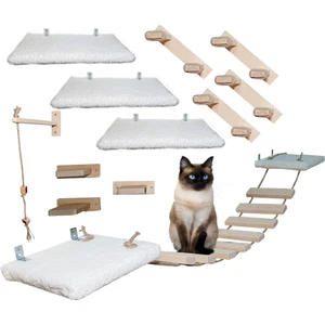 Barış Dizayn 12 Parça Doğal Ahşap Peluş Kedi Oyun Merdiveni Seti Köprü Platform Oyun Duvarı (Set3) 2 Renk