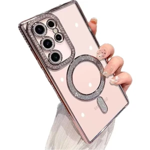 Kip GSM Samsung Galaxy S23 Ultra Uyumlu Kılıf Simli Magsafe Şarj Destekli Kamera Lens Koruma Parıltılı Kapak