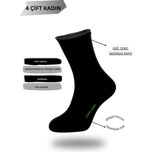 Steppe Berry 4'lü Kadın Siyah Lastiksiz Dikişsiz Bambu Uzun Konç Diyabet ve Hamile Çorabı