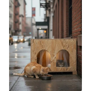 Kedi Evi Dış Ortam Uygun Ahşap Kedi Evi Double Osb 61X41X36 cm Bölmeli - CAT50