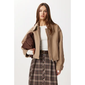 Happiness İstanbul Polo Yaka Fermuarlı Kaşe Ceket LOH0015 Bej