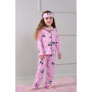 Kız Çocuk Kuromi Desenli Pembe Renki Uyku Bantlı Pijama Takımı
