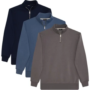 Unisex 3'lü Paket Lacivert-Indigo-Gri Relax Fit Pamuklu Yarım Fermuarlı Dik Yaka Sweatshirt