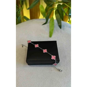 Güneş Takı 316L Çelik Gümüş Zincir Pembe Renk Yonca Bileklik