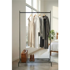 Siyah Metal Ayaklı Konfeksiyon Elbise Askılığı - Ayakkabılık Raflı Askı