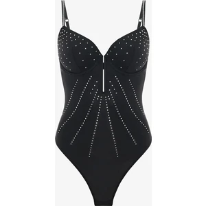 Siyah Satin Deep V Wire Bodysuit