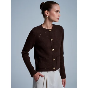 60935 Cep Detaylı Parıltılı Triko Hırka-Kahve