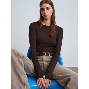 32319 Modal Karışımlı Uzun Kollu Top-Koyu Kahve