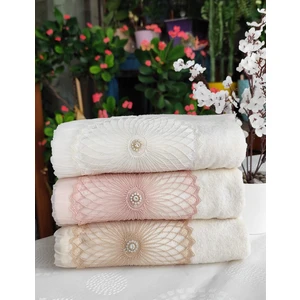 Z&N Style Annem (3.lü Set) Çeyizlik 50X90 Cm. Kadife Doku Piliseli Dantelli El ve Yüz Lüks Havlu Seti