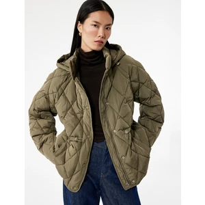 Beli Bağcıklı Uzun Kollu Cepli Su Itici Kapüşonlu Kapitone Şişme Mont