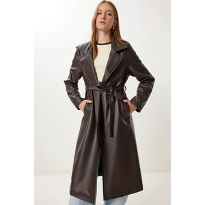 My Lunessa Kuşaklı Astarlı Deri Uzun Trenç Pardesü