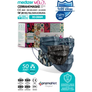 Man Serisi 2 Meltblown Kumaş 3 Katlı Full Ultrasonik Cerrahi Ağız Maskesi 5 Desen - Burun Telli